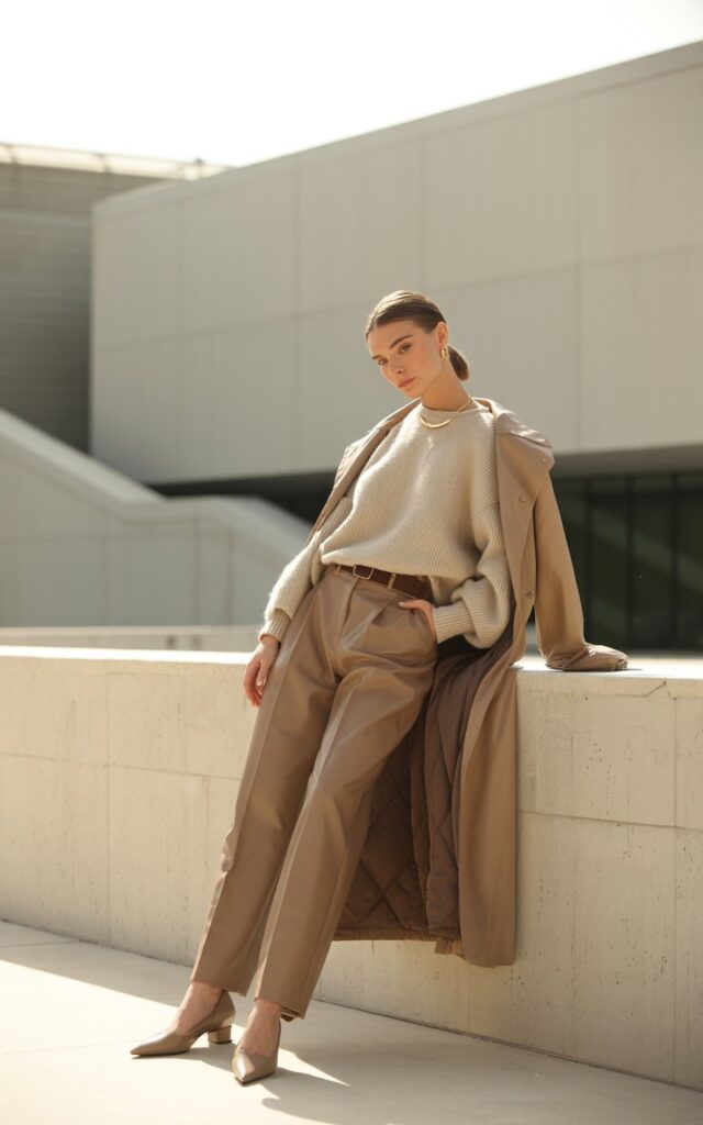 Full-body shot outdoors near minimalist architecture. Model in layered beige tones — knit sweater, tailored trousers, and trench coat — with gold jewelry and pointed flats. Hair in sleek ponytail. Natural daylight with soft shadows. Pose leaning slightly on wall, serene expression.