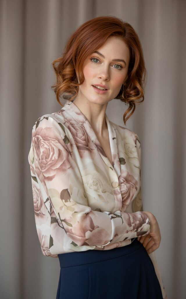 Full-body studio shot of a woman with auburn hair styled in loose waves. She wears a floral chiffon blouse tucked into a navy pencil skirt, with pointed heels. Soft studio lighting and a neutral background keep focus on the outfit. Her pose is elegant, slightly angled toward the camera.