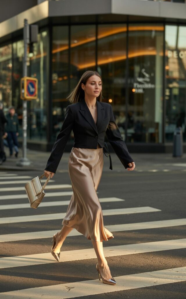 Full-body urban street shot in front of a modern café. The model wears a black blazer over a champagne slip midi skirt with pointed heels and a structured bag. Her brunette hair is sleek and straight, makeup clean and minimal. She’s striding confidently across the crosswalk, bathed in early evening light.