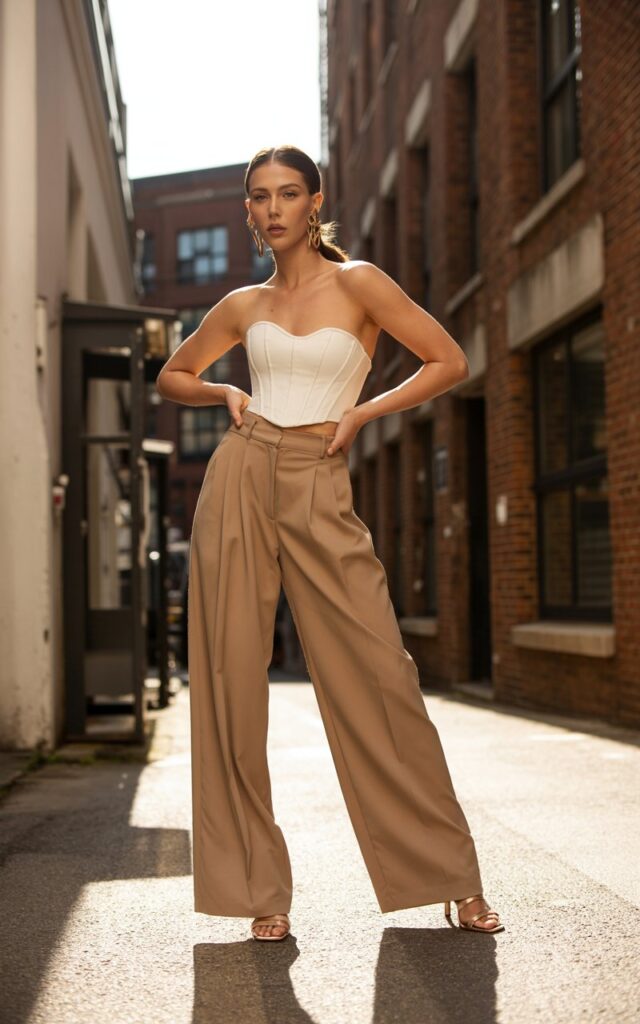 Full-body view in a chic urban alleyway. The model wears a white corset top, high-waisted tan wide-leg pants, and heeled sandals. Hair slicked back into a ponytail, bold earrings, and confident stance. The lighting is sharp and dramatic for a fashion editorial feel.