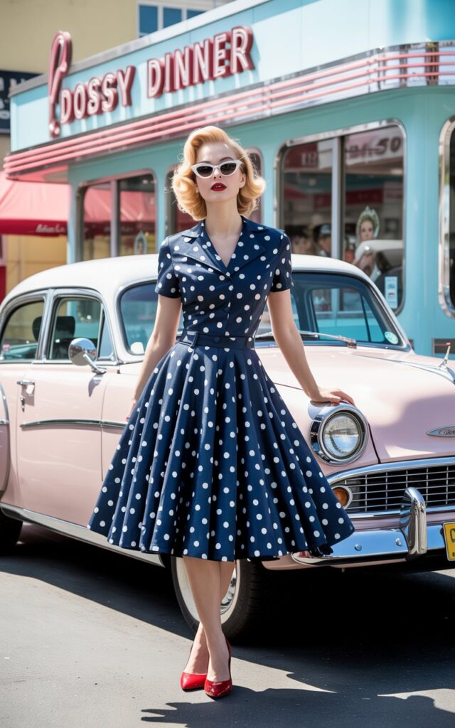 Full-body view in front of a retro diner. The model wears a navy polka-dot midi dress, red heels, and cat-eye sunglasses. Her red lipstick pops against her porcelain skin. The lighting is bright and crisp, evoking vintage charm.