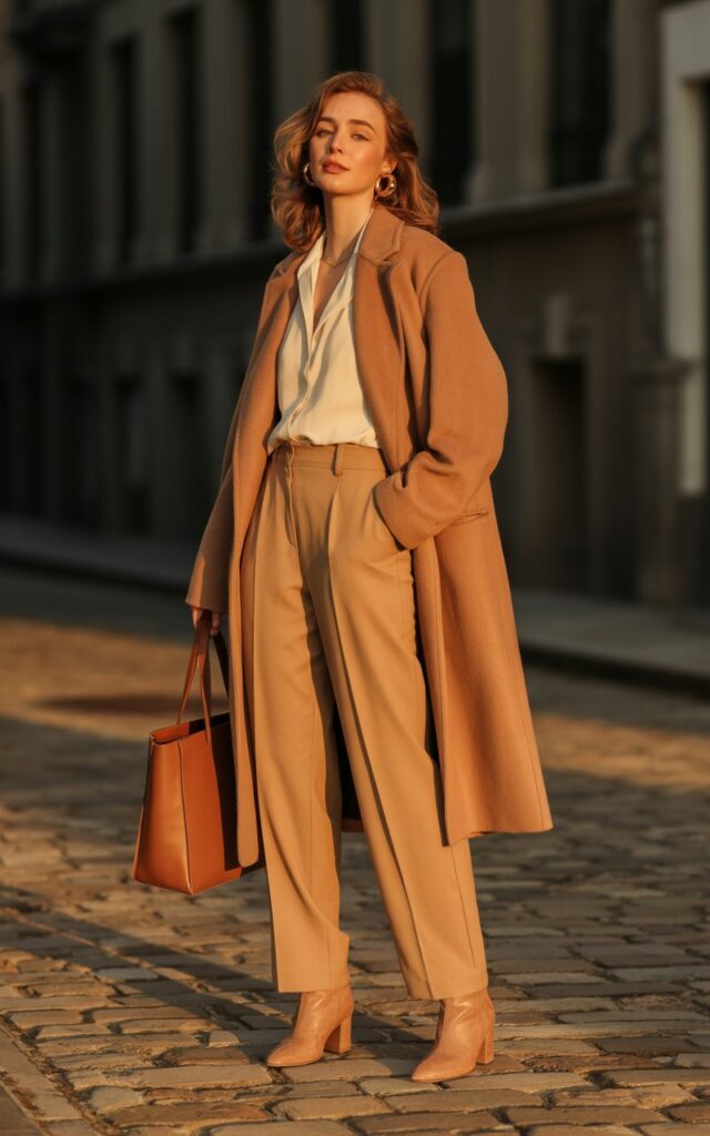 Full-body view of a white-skinned female model standing confidently on a cobblestone city street at golden hour. She wears tailored camel trousers, a soft wool coat, and suede boots in matching tones. The look is minimalist and polished, with a leather tote and gold hoop earrings. Her hair is styled in soft waves, makeup natural and glowy. Warm sunset light enhances the rich camel tones and texture of the fabrics.