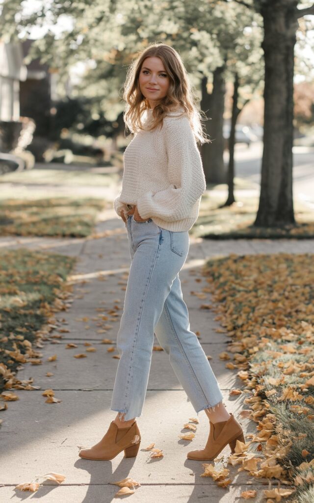 Full-body view of a white-skinned woman with wavy light-brown hair wearing high-waisted straight-leg jeans, a cream knit sweater, and tan ankle boots. Suburban sidewalk with golden leaves scattered around. She’s mid-step, hands in her pockets, smiling softly at the camera. Natural warm daylight enhances the scene.