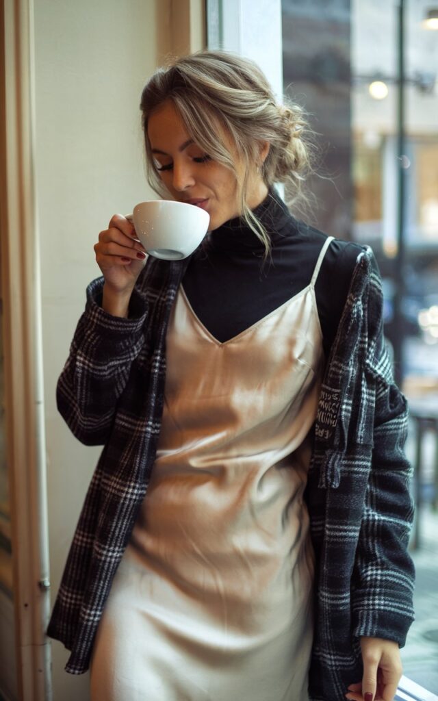 Full-body view of a woman standing by a café window, wearing a black turtleneck layered under a champagne slip dress with heeled boots. Her hair is in a soft updo with loose tendrils, and she’s sipping coffee with a relaxed expression. Soft indoor daylight filters through the window, casting gentle highlights on her silk dress.
