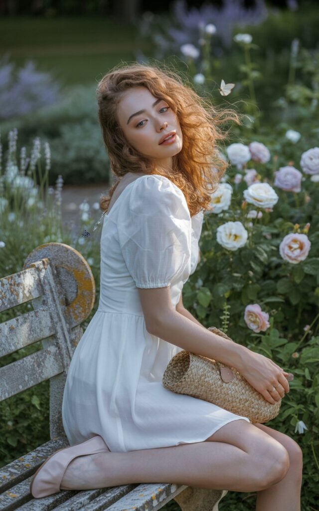 Garden setting with soft morning light. Model in a white puff-sleeve mini dress, light pink ballet flats, and a straw bag. Hair styled in loose curls, twirling softly, dreamy expression.