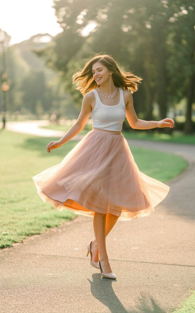 Golden hour outdoor park shot. The model wears a blush-pink tulle midi skirt with a fitted white tank top and nude heels. A delicate necklace adds charm. She spins playfully, eyes closed, hair catching sunlight, with the tulle skirt floating mid-motion.