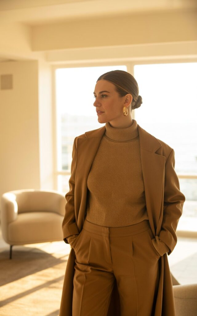 In a minimalist indoor space with golden-hour sunlight streaming in. The model wears a camel turtleneck, matching trousers, and a long coat draped over her shoulders. Her hair is slicked back into a bun, and she accessorizes with gold hoops. She stands tall, exuding quiet confidence.
