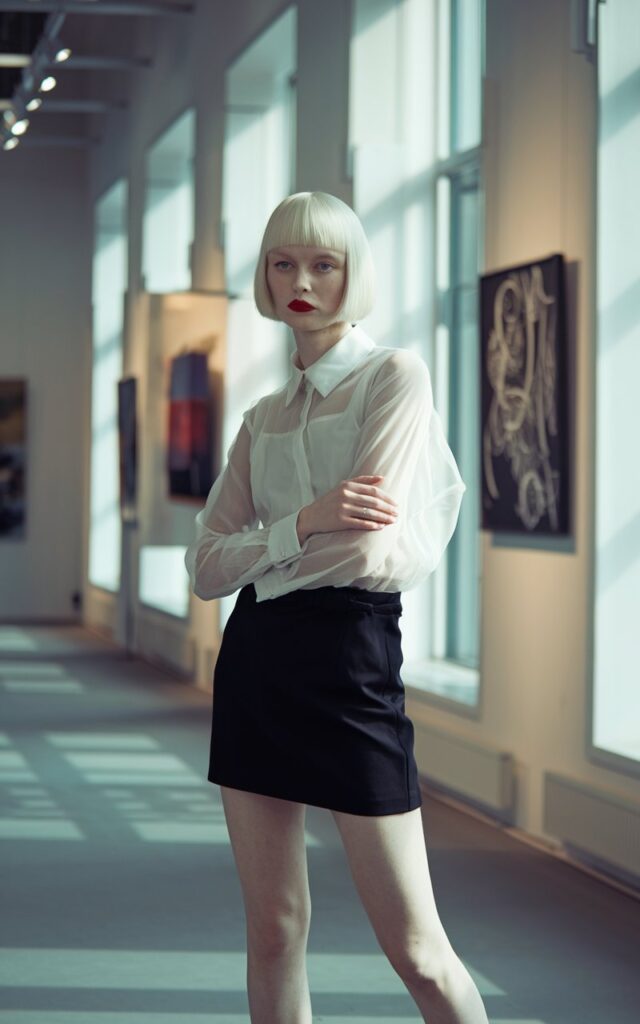 Indoor art gallery setting with bright window light. White-skinned model with blunt bob and red lips wears a white sheer blouse, black mini skirt, and ankle boots. Lighting is soft diffused daylight. She stands poised, one hand on hip, subtle confidence in her gaze.