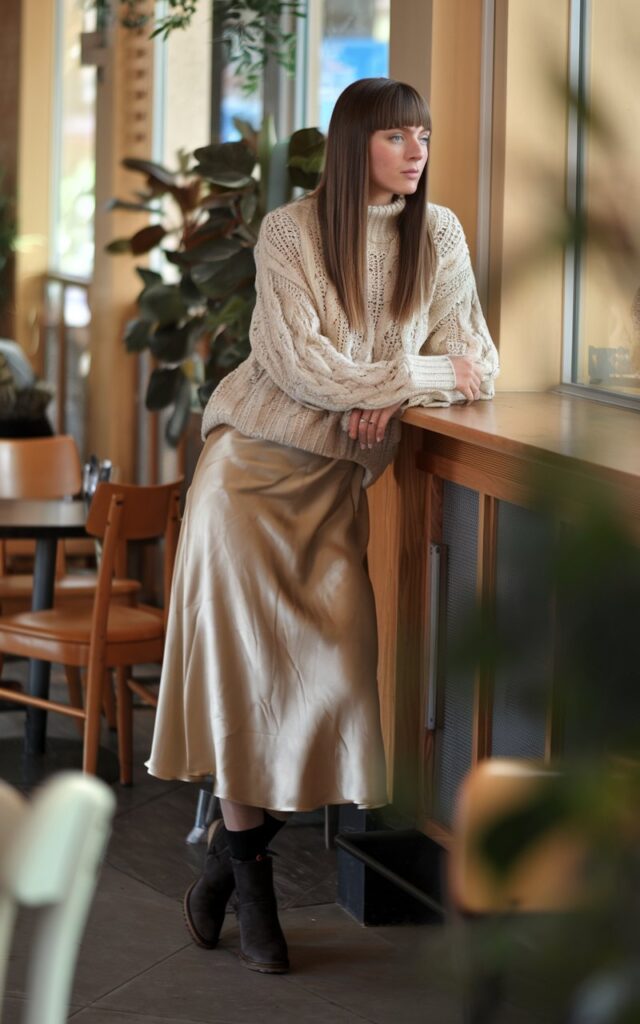 Indoor café with soft daylight. Model with straight brunette hair wears a chunky cream knit sweater tucked into a champagne satin midi skirt and ankle boots. She’s leaning against a wooden counter, looking thoughtfully out the window. Warm, cozy tones.