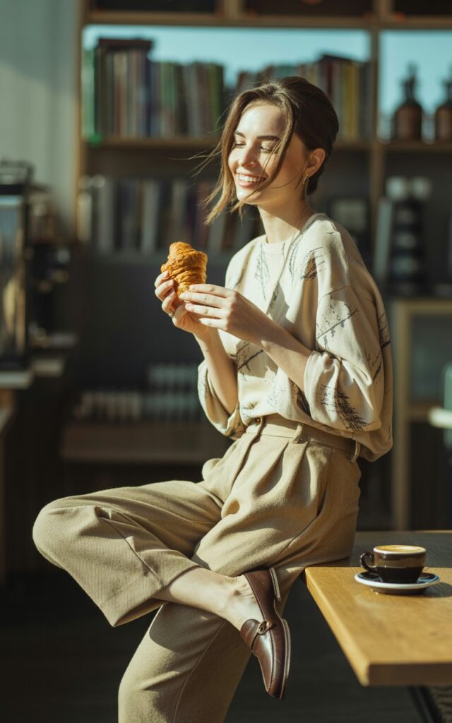 Indoor coffee shop with cozy morning lighting. She wears a printed sweater tucked into beige wool trousers, paired with loafers. Her hair is tousled naturally, and she’s holding a croissant with a playful grin. Effortless everyday charm.