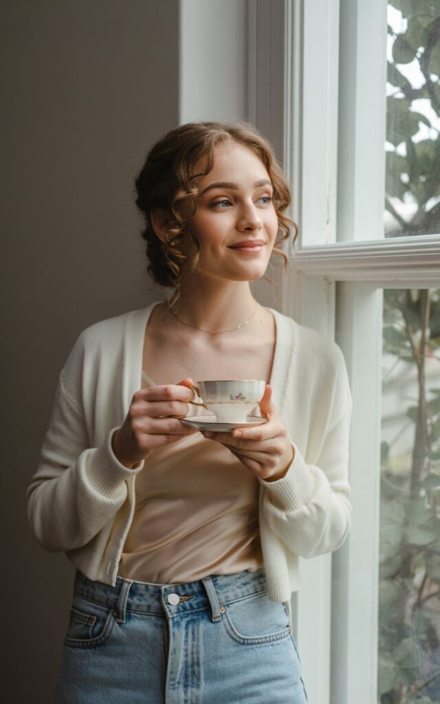 Indoor fashion shot near a large window. The model wears a cream cropped cardigan over a satin cami and high-waisted light-wash jeans. Soft daylight spills in, giving a dreamy tone. She’s smiling slightly, holding a cup of tea, hair softly curled.