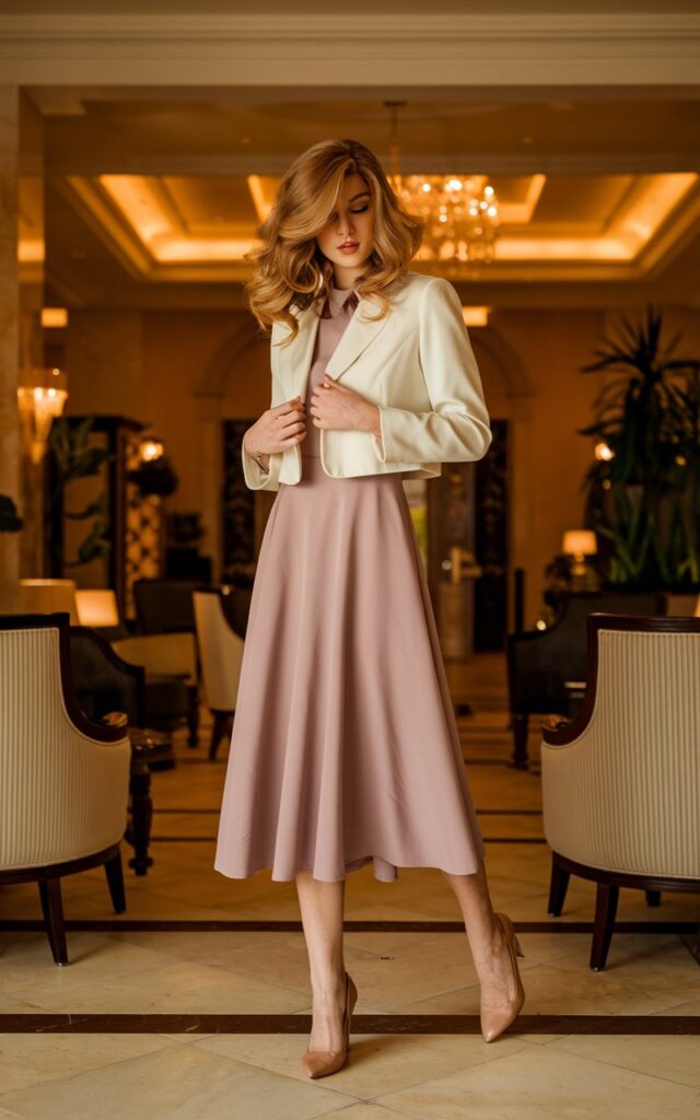 Indoor hotel lobby backdrop. Model with honey-blonde hair in waves wears a cream cropped blazer, mauve midi dress, and nude heels. Lighting is warm indoor light. She’s adjusting her blazer slightly, elegant and self-assured.