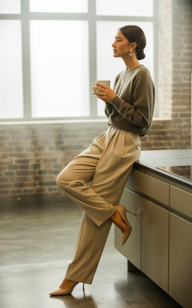 Indoor loft setting with soft window light. Model wears a gray cashmere sweater tucked into beige pleated trousers, neutral heels, and simple gold earrings. Hair styled in a low bun. Pose leaning on a kitchen counter, coffee mug in hand, candid and elegant.