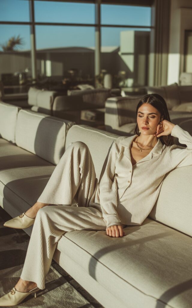 Indoor lounge space with mid-morning sunlight streaming through large windows. The model reclines casually on a modern sofa, wearing a cream ribbed knit matching set and beige pointed mules. Minimal gold jewelry and natural makeup enhance the cozy-luxury vibe. Her hair falls loosely around her shoulders for an approachable yet chic aesthetic.