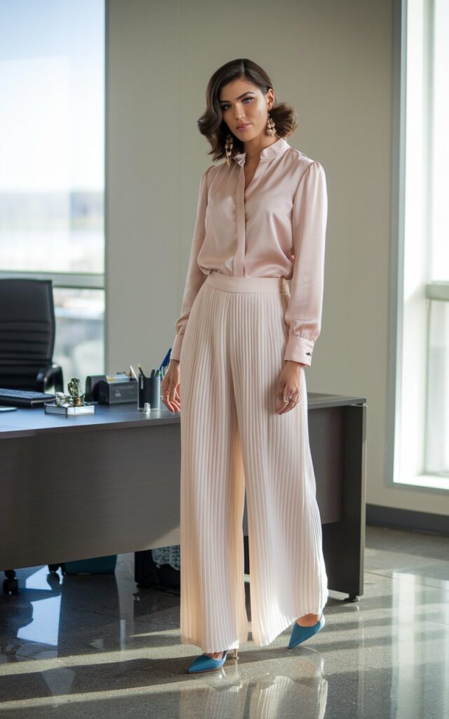 Indoor office setting with soft window light. Full-body view of a woman standing beside a desk, wearing a blush silk blouse tucked into white pleated palazzo pants with pointed heels. Her brunette hair is styled in soft waves, and she wears statement earrings. The polished floor reflects gentle natural light.