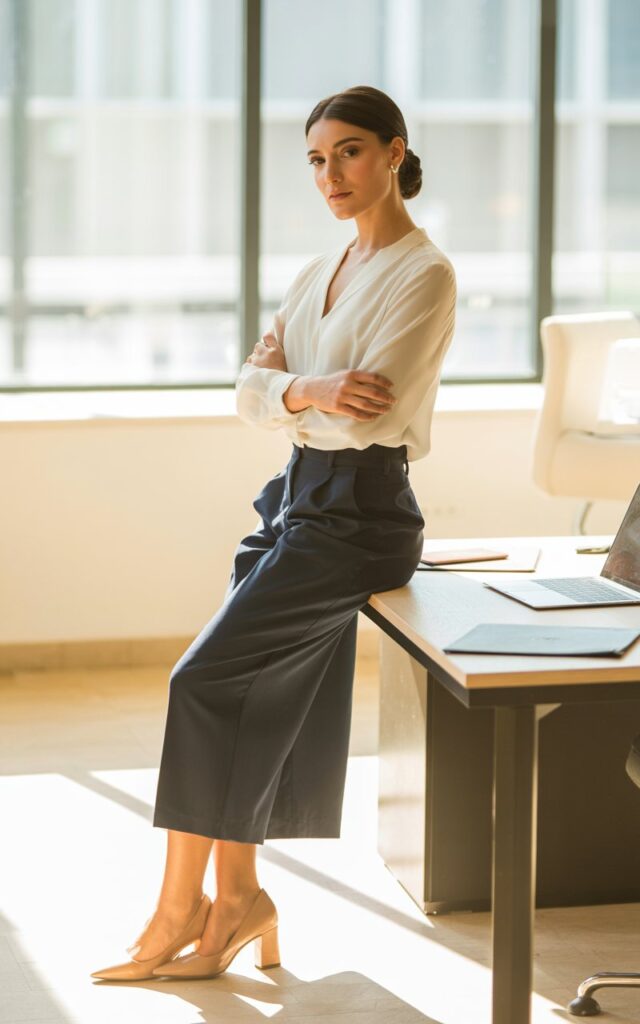 Indoor office setting with soft window light. The woman wears a crisp white poplin blouse tucked into navy culottes and nude block heels. Her hair is pulled into a tidy bun, with soft, natural makeup. She stands beside a desk with a laptop, arms crossed in quiet confidence.