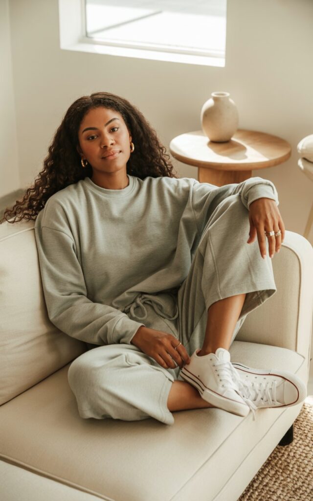 Indoor photo in a cozy modern living room. The model lounges on a cream sofa wearing a soft gray matching lounge set and gold hoops, with white sneakers nearby. Her hair is in loose curls, minimal natural makeup. Gentle morning window light makes the scene warm and inviting.