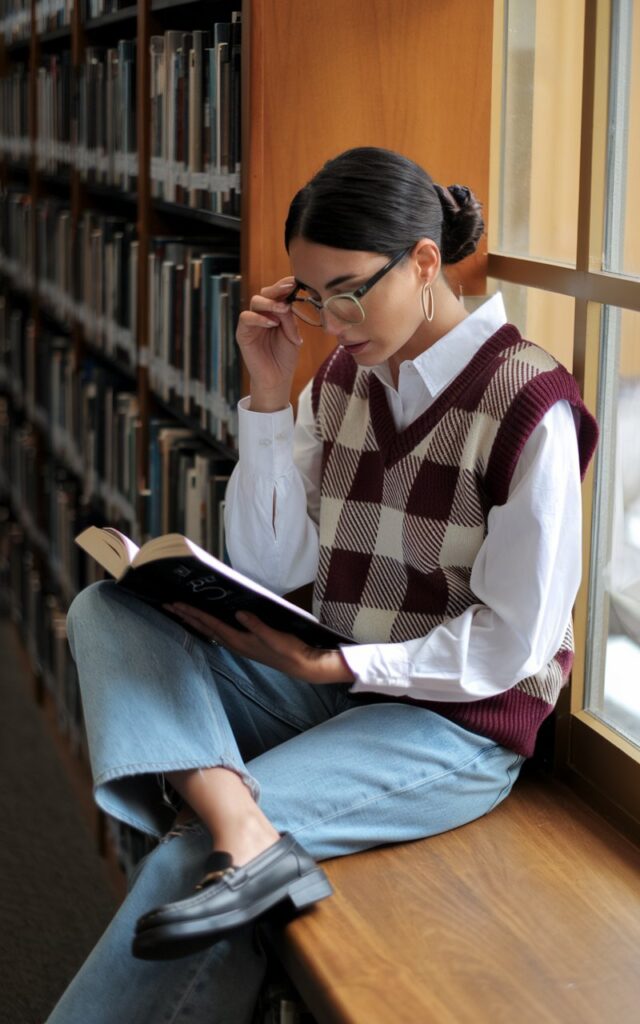 Indoor shot in a cozy library setting under warm window light. The model wears a plaid knit vest over a crisp white shirt, straight blue jeans, and loafers. Her hair is in a neat ponytail, and she adjusts her glasses while reading.