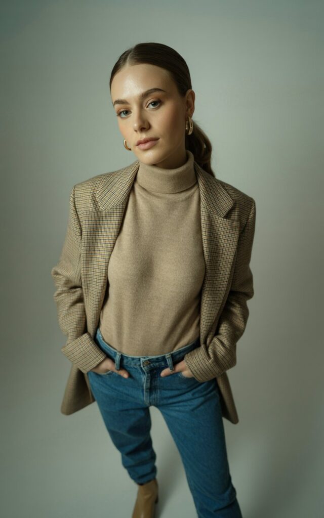 Indoor studio setup with soft diffused lighting. The model stands confidently, hands in pockets, wearing a beige turtleneck under a brown plaid blazer and blue jeans. She finishes the look with ankle boots and subtle gold hoops. Her sleek ponytail and neutral makeup highlight a smart, polished vibe.