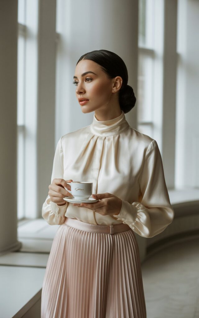 Indoor studio setup with soft window light. The woman stands poised in a cream high-neck blouse tucked into a blush pleated midi skirt. Her hair is styled in a sleek low chignon, makeup minimal and polished. She holds a coffee cup delicately, expression serene and confident.