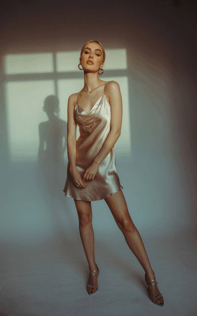 Indoor studio with soft window light. The model wears a champagne satin slip dress, layered with dainty gold chains and hoops, strappy heels completing the look. She stands confidently, one leg slightly bent, sultry yet elegant expression.