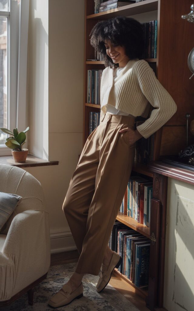 Indoor vintage-inspired apartment setting. White-skinned model with natural curls wears high-waisted tan trousers, cream cropped cardigan, and loafers. Lighting is window daylight. She leans casually against a bookshelf, smiling softly — cozy and chic.