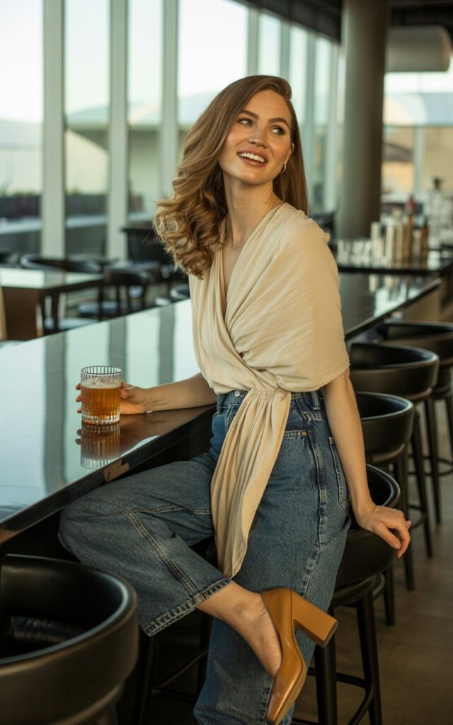 Inside a modern cocktail bar, a fair-skinned brunette with soft waves wears a cream wrap top, high-rise jeans, and tan block heels. Soft indoor lighting through large windows. She’s leaning against a high table, one hand on a drink, smiling warmly.