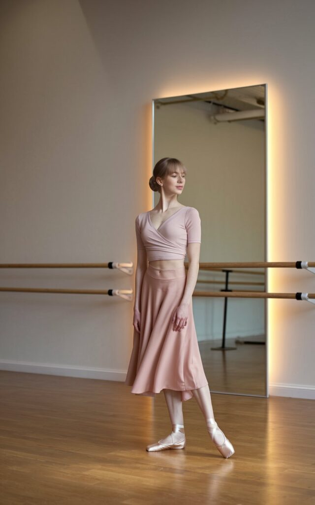 Minimal indoor dance-studio-inspired setting. Model with soft brown hair in a bun wears a blush pink wrap top, flowy midi skirt, and satin ballet flats. She stands gracefully in a half-turn pose, natural daylight highlighting soft fabrics.
