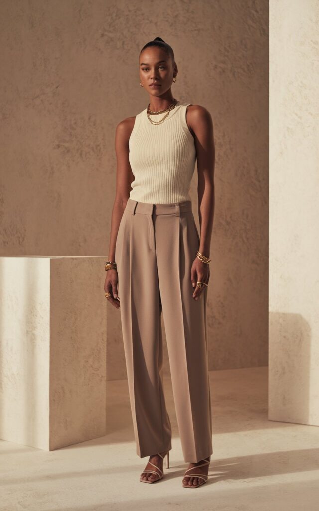 Minimal studio setup with beige tones. Model with sleek bun wears a cream knit tank, taupe tailored trousers, gold jewelry, and strappy sandals. Lighting is soft diffused daylight. She stands straight with a serene, confident expression.