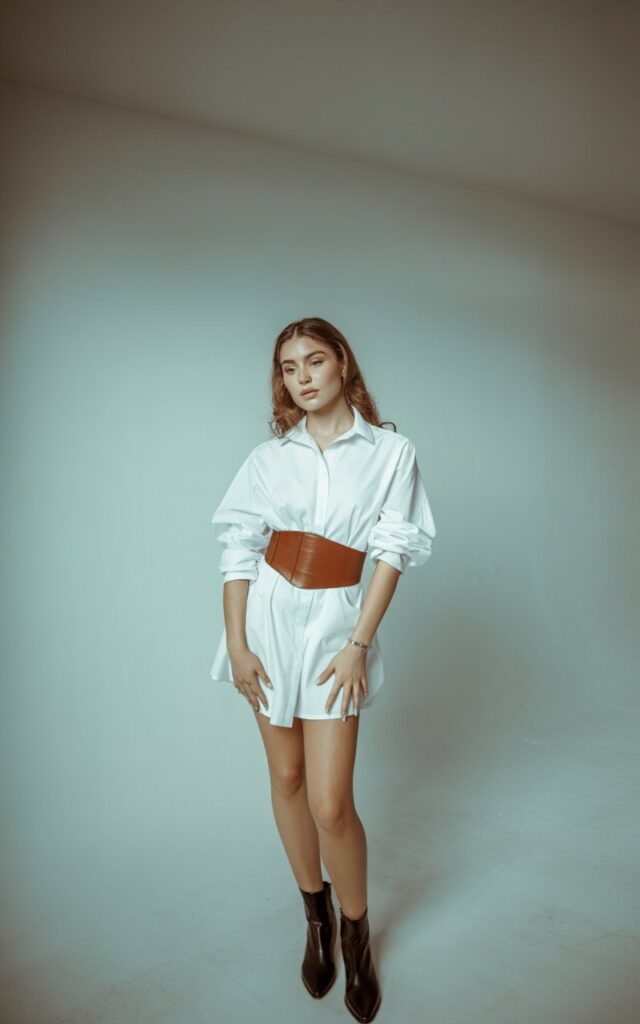 Minimalist indoor studio. The model wears a white oversized shirt dress cinched with a brown leather belt, paired with ankle boots. Her hair is styled in soft waves, subtle dewy makeup. Standing confidently with hands on hips under soft diffused lighting.