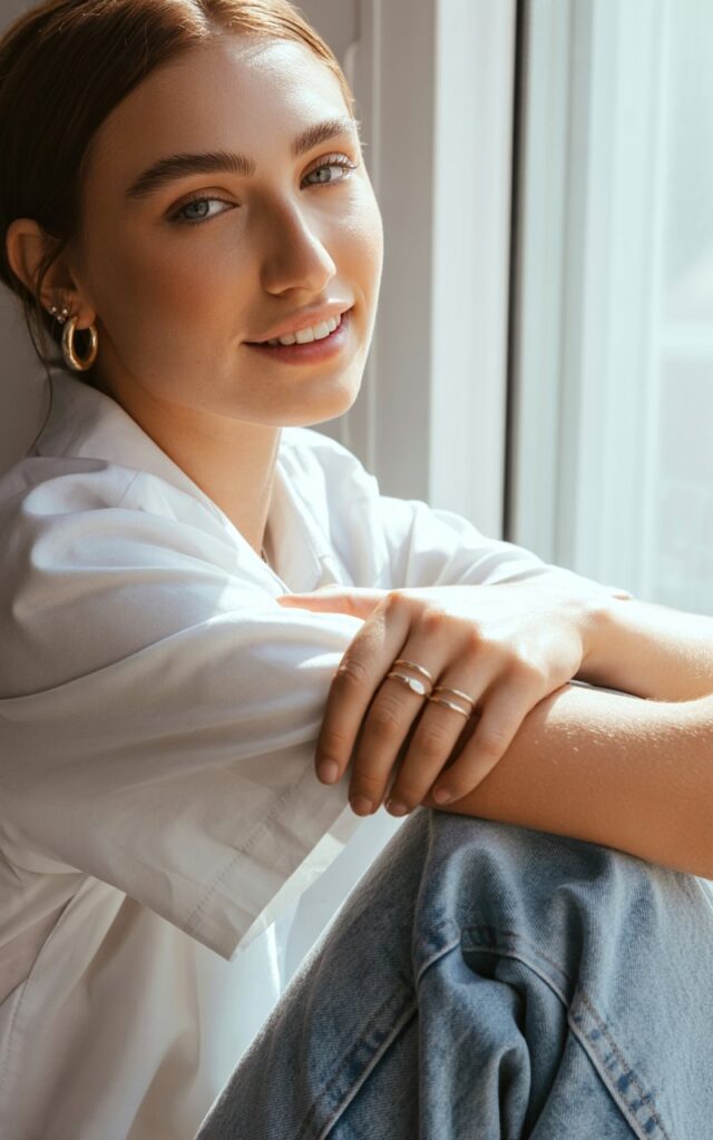 Model close to a window in soft morning light, wearing a simple white blouse and jeans. She accessorizes with gold hoops, dainty rings, and glowing skin. Her pose is natural, slightly leaning forward, smiling softly. The photo feels clean, intimate, and editorial.