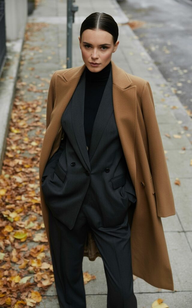 Model dressed in sleek black trousers, black turtleneck, and camel coat, standing in an urban street with fall leaves on the ground. Soft overcast daylight creates clean contrast. Her hair is slicked back in a low bun, and she gives a poised, editorial stare.