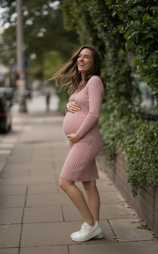 Model in a dusty pink knit dress hugging her bump, paired with white sneakers. Standing on a leafy city sidewalk with soft natural light. Relaxed, laughing candidly, hair down and flowing.