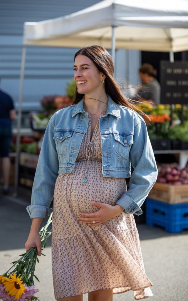 Model in a floral printed maternity dress layered with a cropped denim jacket. Standing near a farmers’ market, holding flowers. Morning sunlight, casual and fresh look, smiling naturally.
