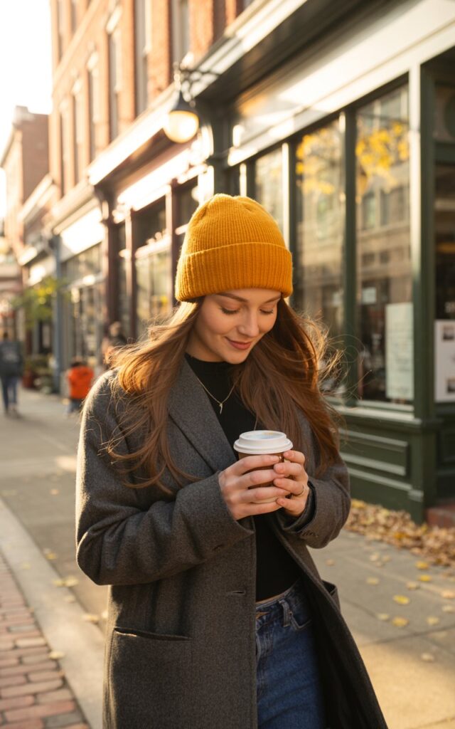 Model in a mustard knit beanie, gray wool coat, and blue jeans, walking through a cozy downtown street. Warm afternoon sunlight hits her from the side. Her long hair peeks from under the hat, and she smiles while holding a coffee cup. The mustard pop feels vibrant yet understated.