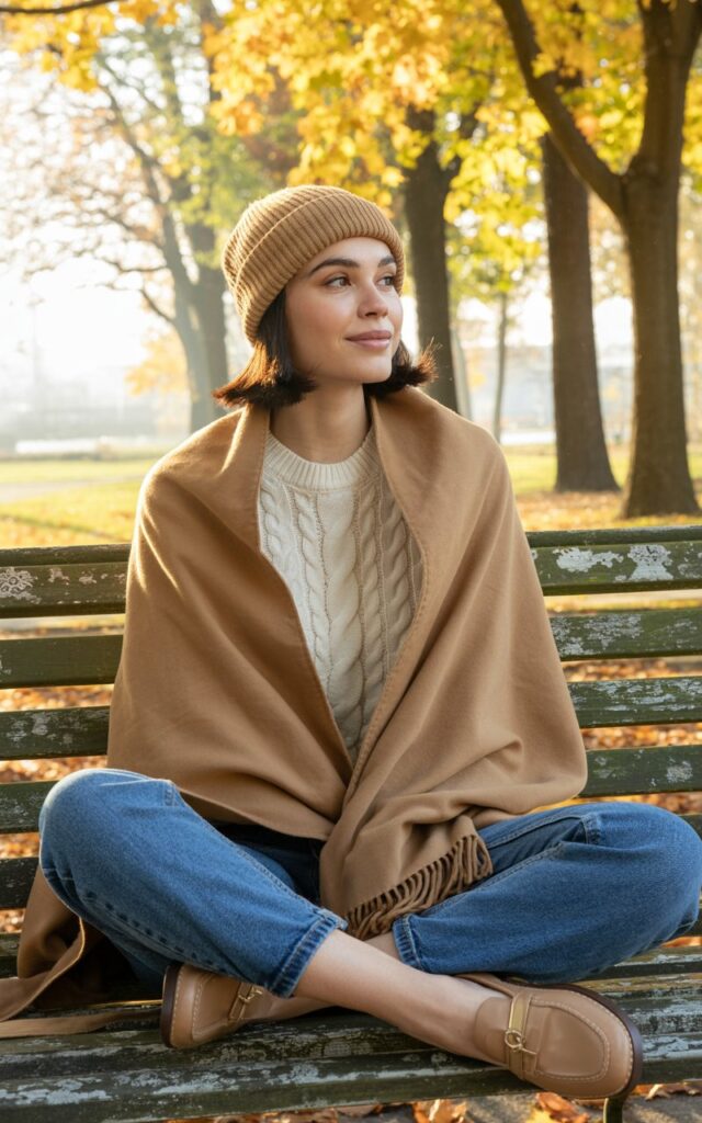 Model in an oversized camel scarf, cream sweater, and light brown wool hat, paired with jeans and loafers. She sits on a park bench under golden trees. Soft morning light adds glow to her face. Her casual, thoughtful expression feels warm and authentic.