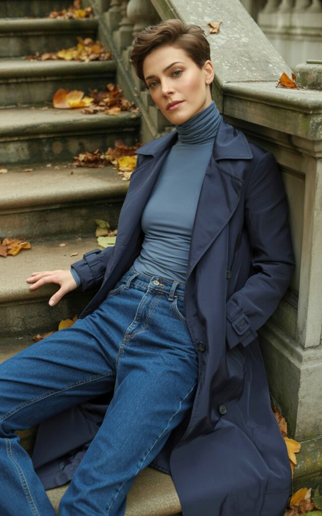 Model in layered shades of navy — navy trench, slate blue turtleneck, and deep denim jeans. She poses on stone steps surrounded by fallen leaves. Soft daylight reflects off the coat’s fabric. Her short, styled hair and confident posture give an upscale editorial feel.