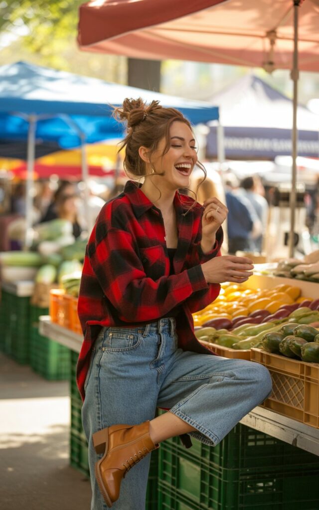 Model laughing near a farmer’s market stand. Oversized red plaid flannel half-tucked into high-rise jeans, tan boots, messy bun. Sunlight filtering through market umbrellas, candid, lively energy.