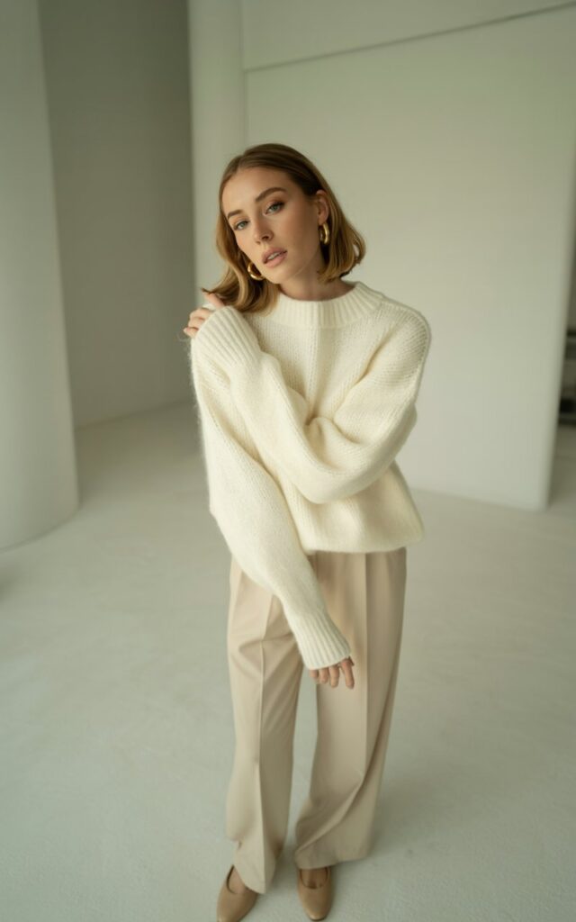 Model posing in a bright minimalist studio. Cream knit sweater and matching trousers, nude flats, gold hoop earrings. Hair in loose waves, soft diffused lighting, serene and polished expression.