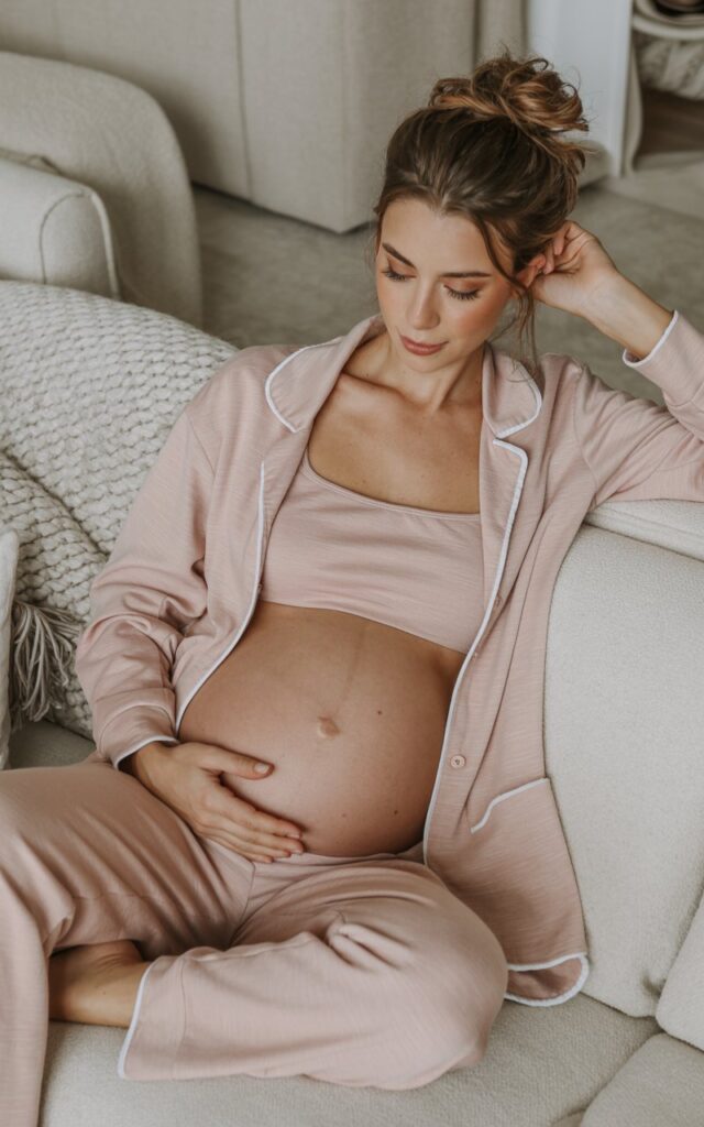 Model pregnant women in a blush two-piece lounge set, lounging on a plush sofa. Soft indoor lighting with a cozy blanket nearby. Minimal makeup, hair in a messy bun, peaceful expression.