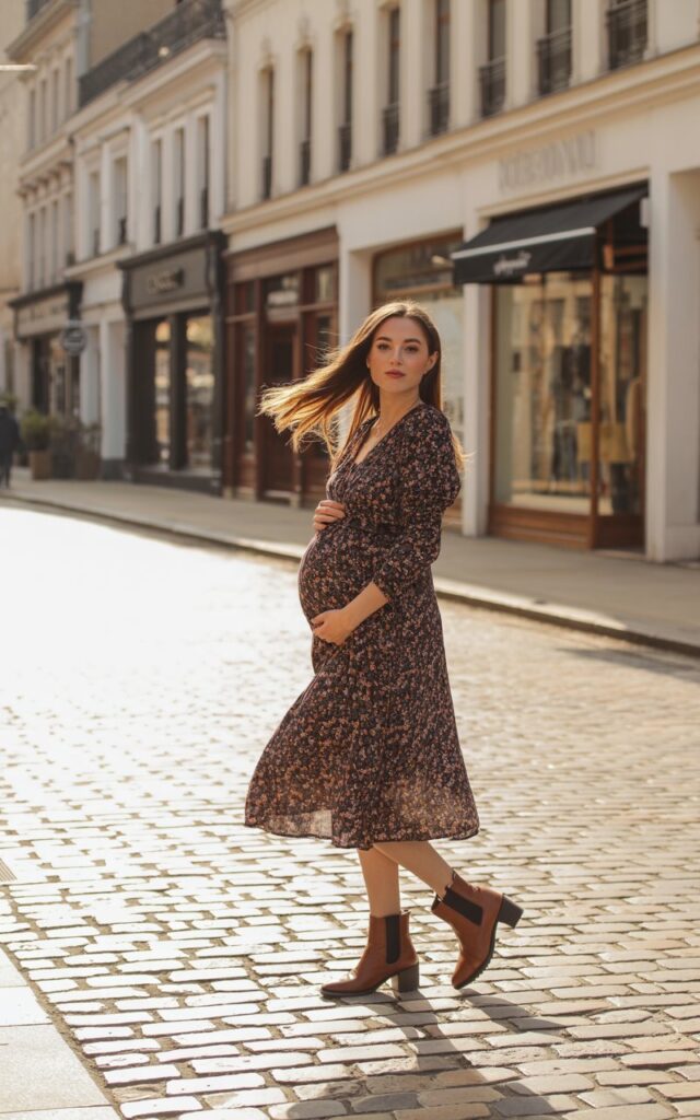 Model pregnant women in a floral midi wrap dress and brown ankle boots, posing on a cobblestone street lined with boutiques. The light hits her at golden hour, catching her glossy hair as she twirls slightly. Minimal jewelry, natural makeup, and a carefree expression.
