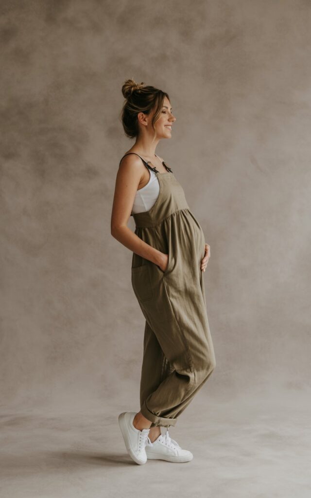 Model pregnant women in a khaki linen maternity jumpsuit with adjustable straps and white sneakers. Studio setting with neutral backdrop and diffused daylight. Hair in a bun, one hand in pocket, relaxed smile.