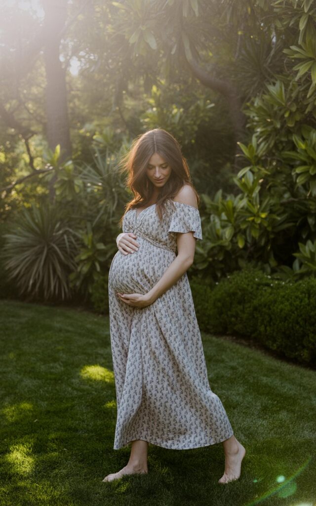 Model pregnant women in a printed empire-waist maxi dress in a garden setting, surrounded by greenery. Golden afternoon sunlight, light breeze moving her hair and dress. Barefoot on grass, serene and radiant.