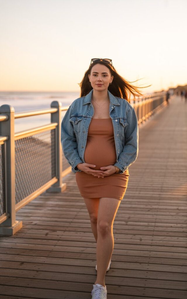 Model pregnant women in a rust-colored bodycon dress and a faded blue denim jacket, walking along a boardwalk at sunset. Sneakers on, sunglasses perched on her head, hair flowing naturally. Golden hour glow with ocean in background.