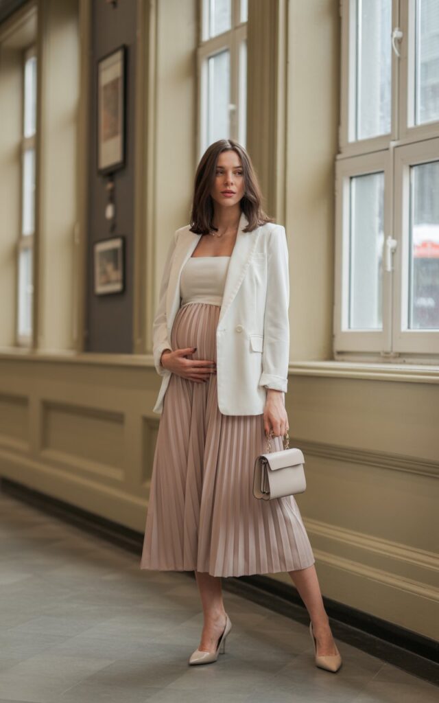 Model pregnant women in a white stretch blazer over a blush midi skirt, standing in an elegant office hallway. Natural light from windows, neutral palette. Confident pose, heels, structured handbag.