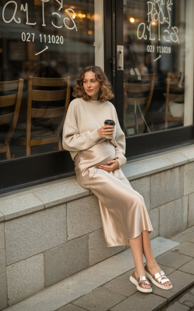 Model pregnant women wearing a cream oversized knit sweater half-tucked into a champagne satin midi skirt, sitting on stone steps outside a café. Warm afternoon light, hair in soft curls, holding a coffee cup. Effortless, cozy-chic energy.