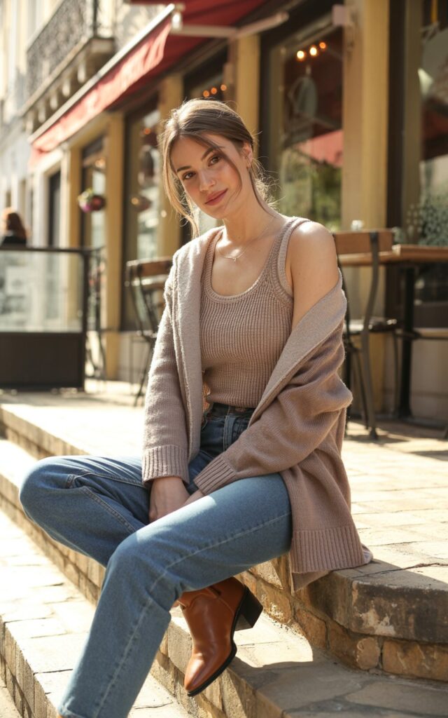 Model sitting on outdoor café steps under morning light. Taupe knit tank and matching cardigan, blue jeans, ankle boots. Smiling softly, hair in a half-up style, cozy and chic.