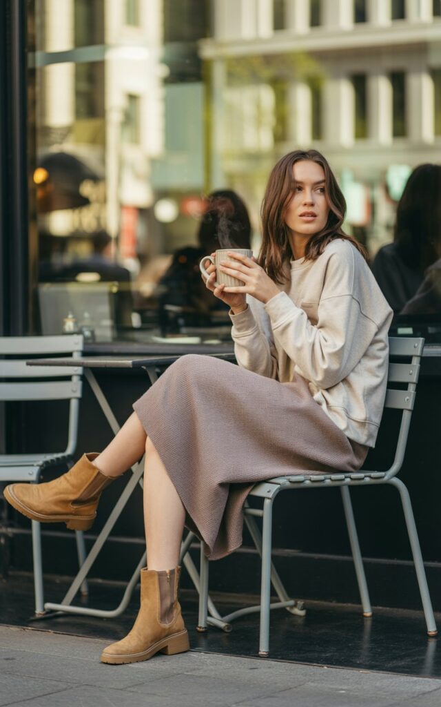 Model sitting outside a café on a metal chair, holding coffee. Gray knit midi skirt, cream sweatshirt half-tucked, and suede ankle boots. Natural light with city background blur, relaxed and stylish vibe.