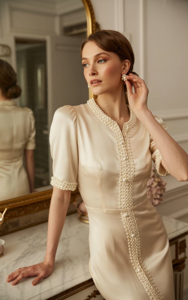 Model standing beside a marble vanity in a softly lit dressing room. She wears a fitted cream dress with pearl-embellished buttons, pearl earrings, and a low bun. Her makeup glows naturally, and she’s adjusting her earring in the mirror.