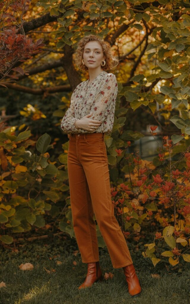 Model standing in a fall garden. Floral blouse tucked into rust corduroy pants, brown ankle boots, hair in loose curls. Soft golden light through trees, peaceful, earthy mood.
